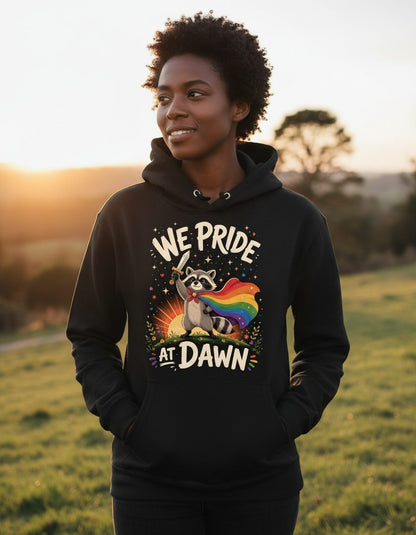 We Pride at Dawn Lgbtq Raccoon Hoodie - lifestyle model mockup - Black