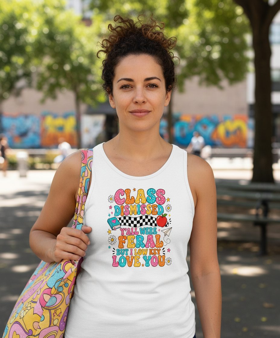 Class Dismissed Y'all Were Feral but I Low Key Love You Tank Top - lifestyle model mockup - White