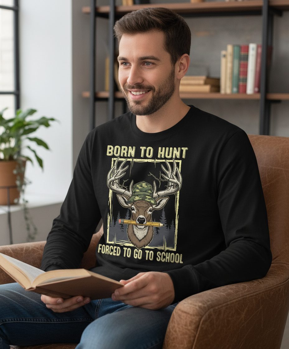 Born to Hunt Forced to Go to School hunting Long Sleeve Tee Black lifestyle mockup