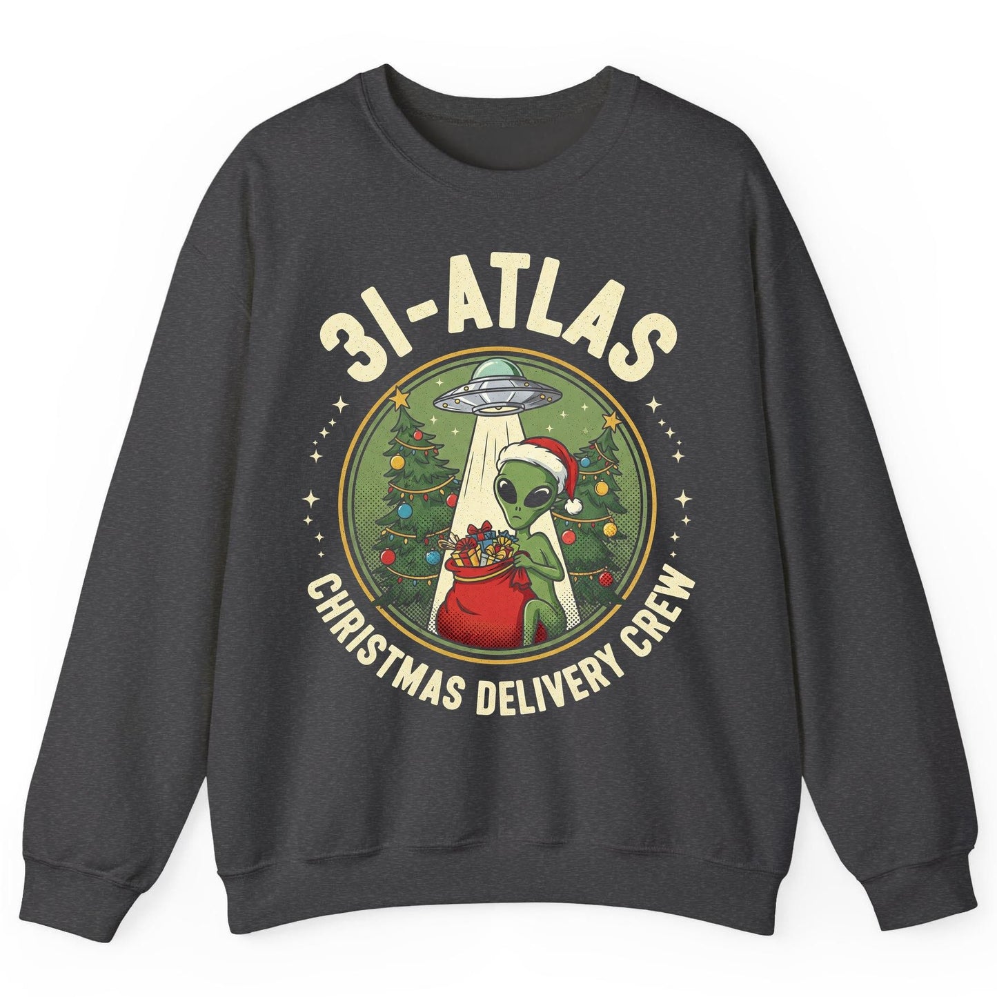 31-Atlas Christmas Delivery Crew alien Christmas Sweatshirt Dark Heather product mockup