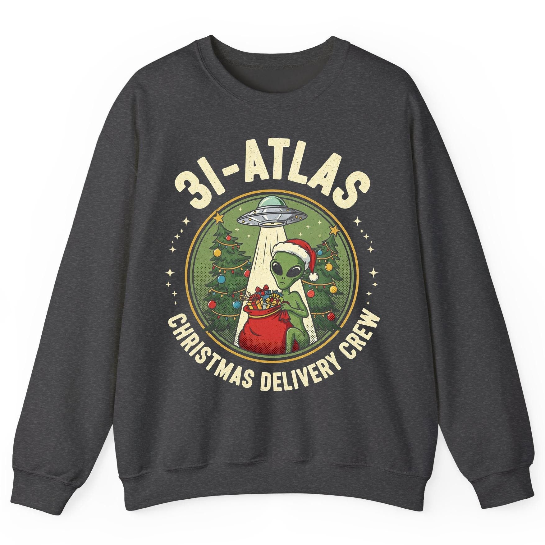 31-Atlas Christmas Delivery Crew alien Christmas Sweatshirt Dark Heather product mockup