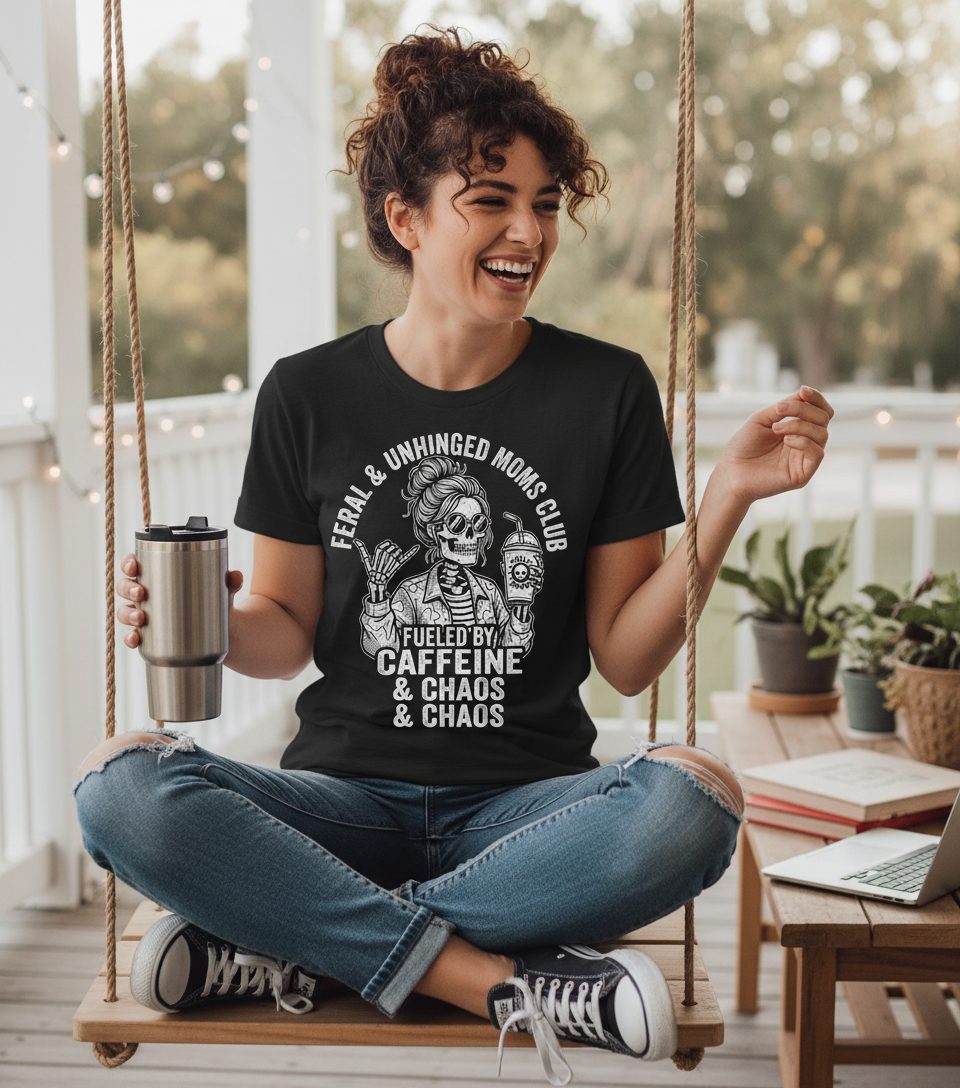 FERAL & Unhinged MOMS CLUB FUELED BY Caffeine & CHAOS T-Shirt - lifestyle model mockup - Black