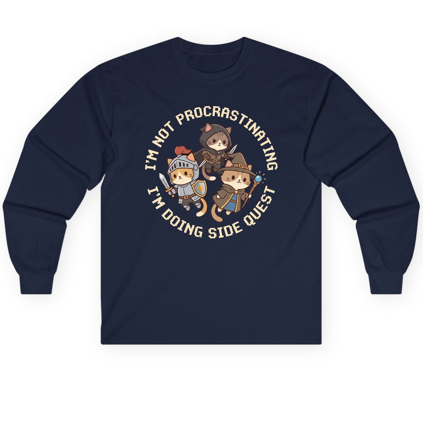 I'm Not Procrastinating I'm Doing Side Quest rpg cats Long Sleeve Tee Navy product mockup