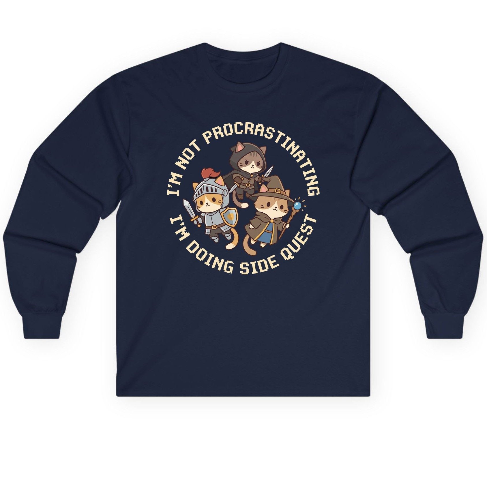 I'm Not Procrastinating I'm Doing Side Quest rpg cats Long Sleeve Tee Navy product mockup