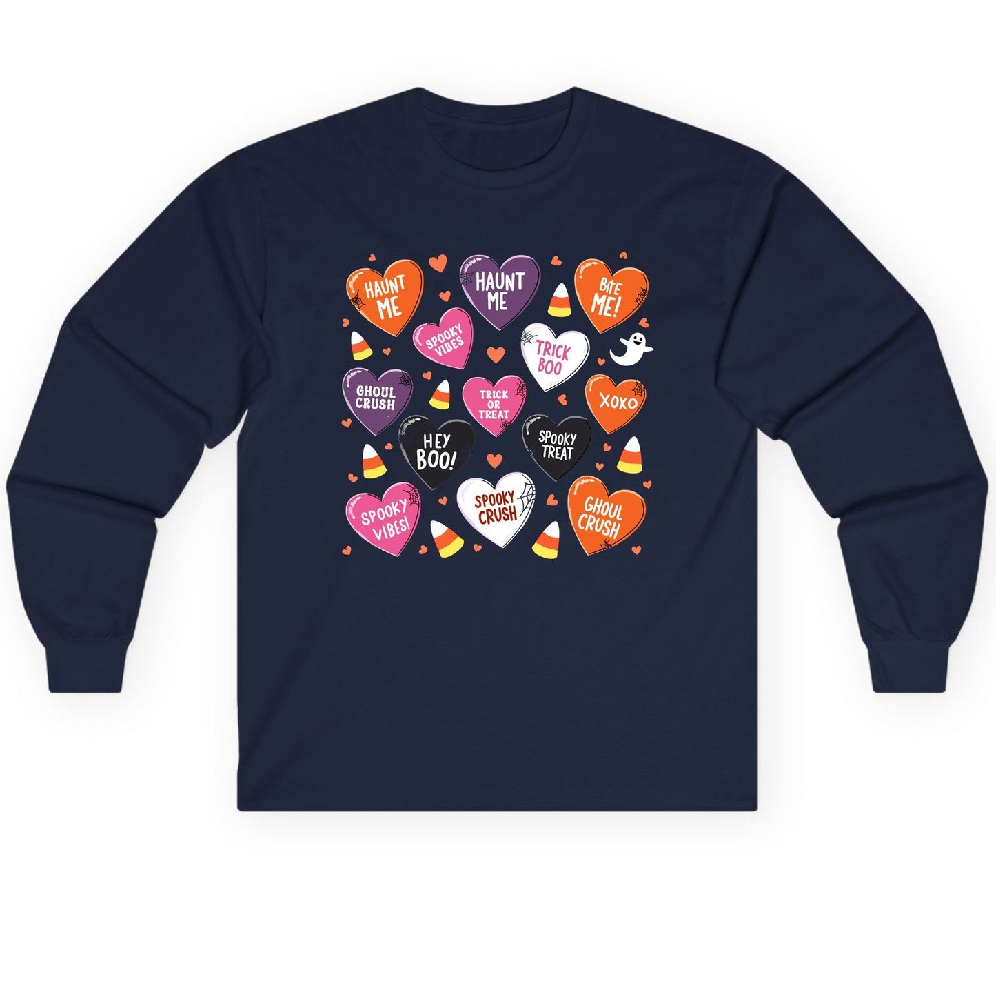 Spooky Halloween Conversation Hearts Halloween conversation hearts Long Sleeve Tee Navy product mockup