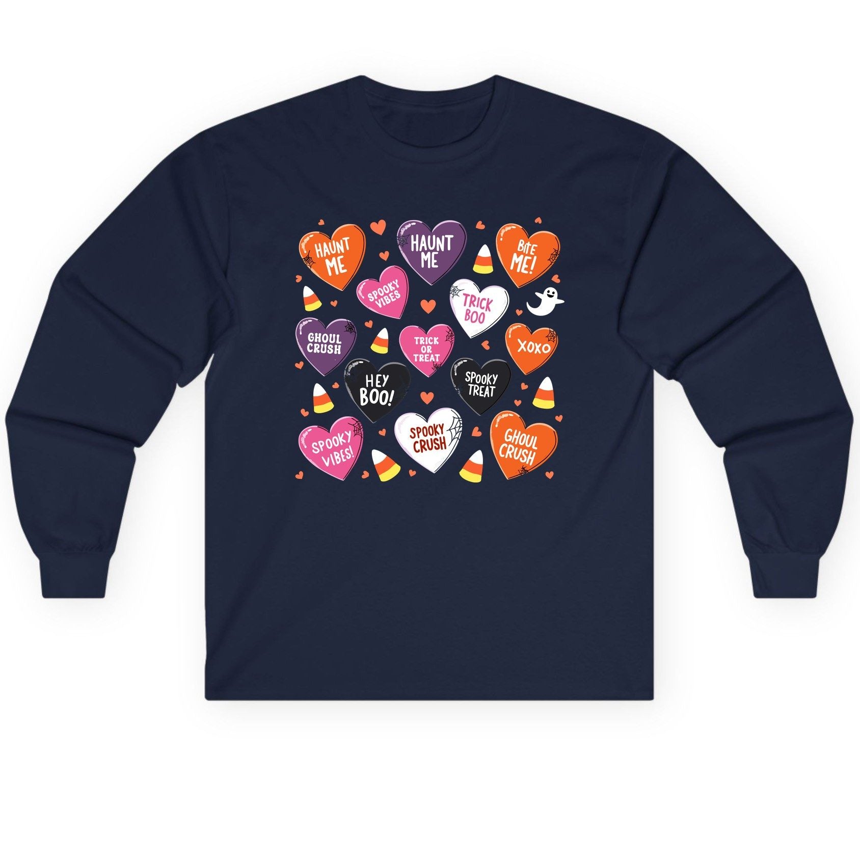 Spooky Halloween Conversation Hearts Halloween conversation hearts Long Sleeve Tee Navy product mockup