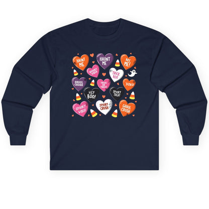 Spooky Halloween Conversation Hearts Halloween conversation hearts Long Sleeve Tee Navy product mockup