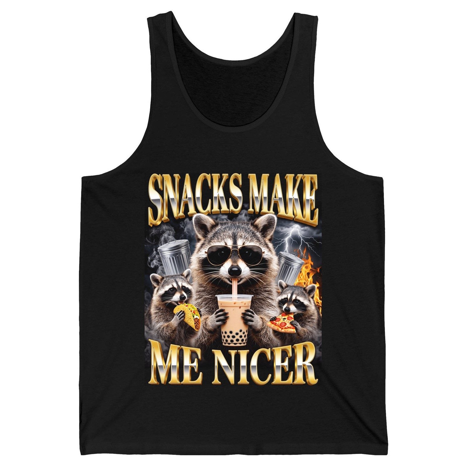 SNACKS MAKE ME NICER Funny Raccoon Tank Top - product mockup - Black
