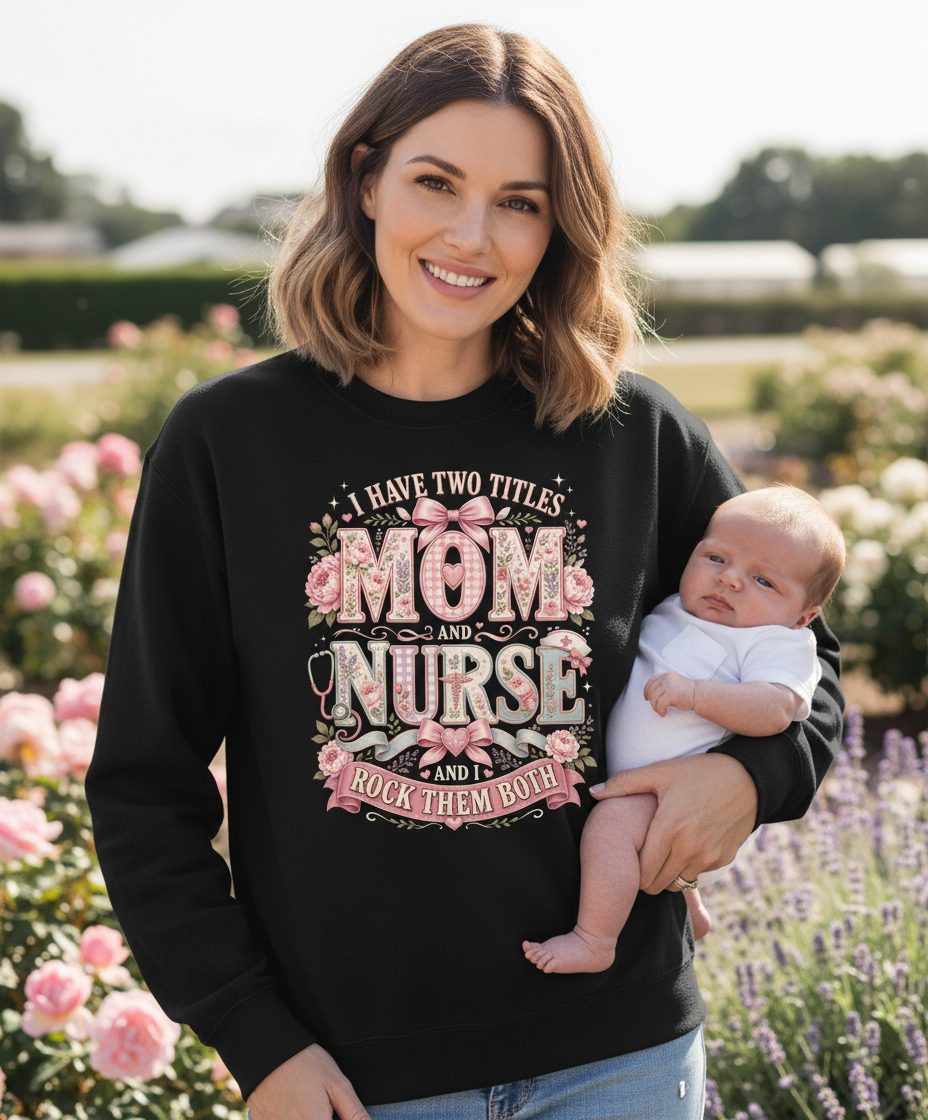 I Have Two Titles Mom and Nurse and I Rock Them Both Sweatshirt - lifestyle model mockup - Black