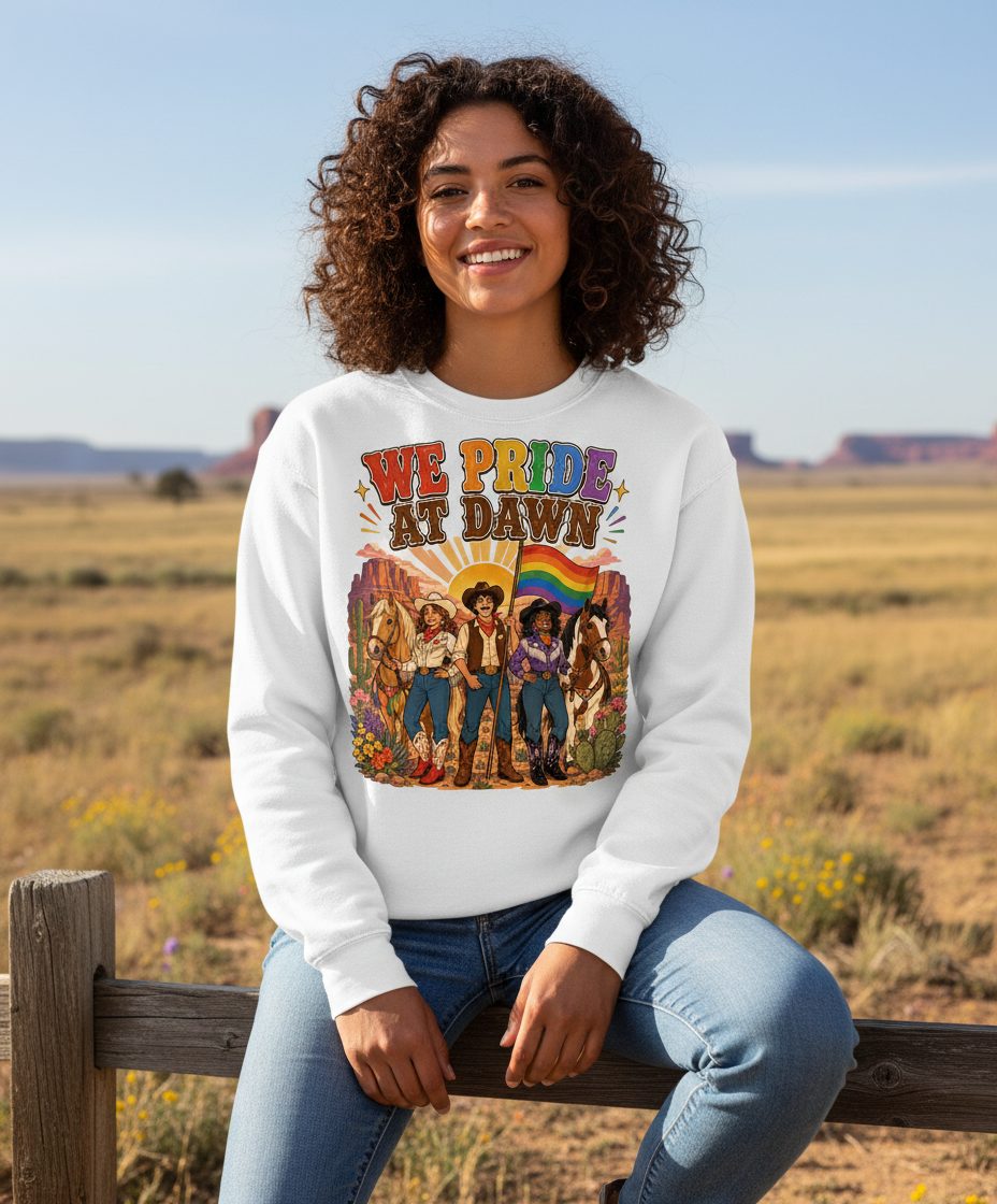 We Pride at Dawn Retro Lgbtq Sweatshirt - lifestyle model mockup - White