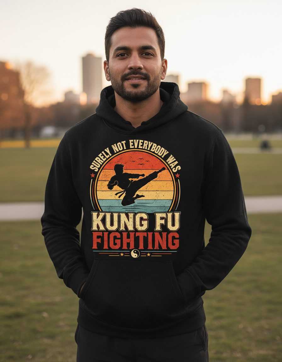 Surely Not Everybody Was Kung Fu Fighting Funny Martial Artists Hoodie - lifestyle model mockup - Black
