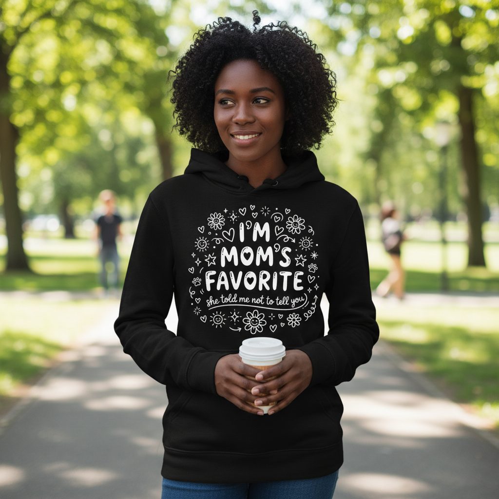 I'm Mom's Favorite (She Told Me Not to Tell You) family humor Hoodie Black lifestyle mockup