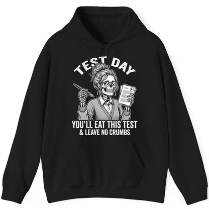 You'll Eat This Test & Leave No Crumbs Funny Day Hoodie - product mockup - Black