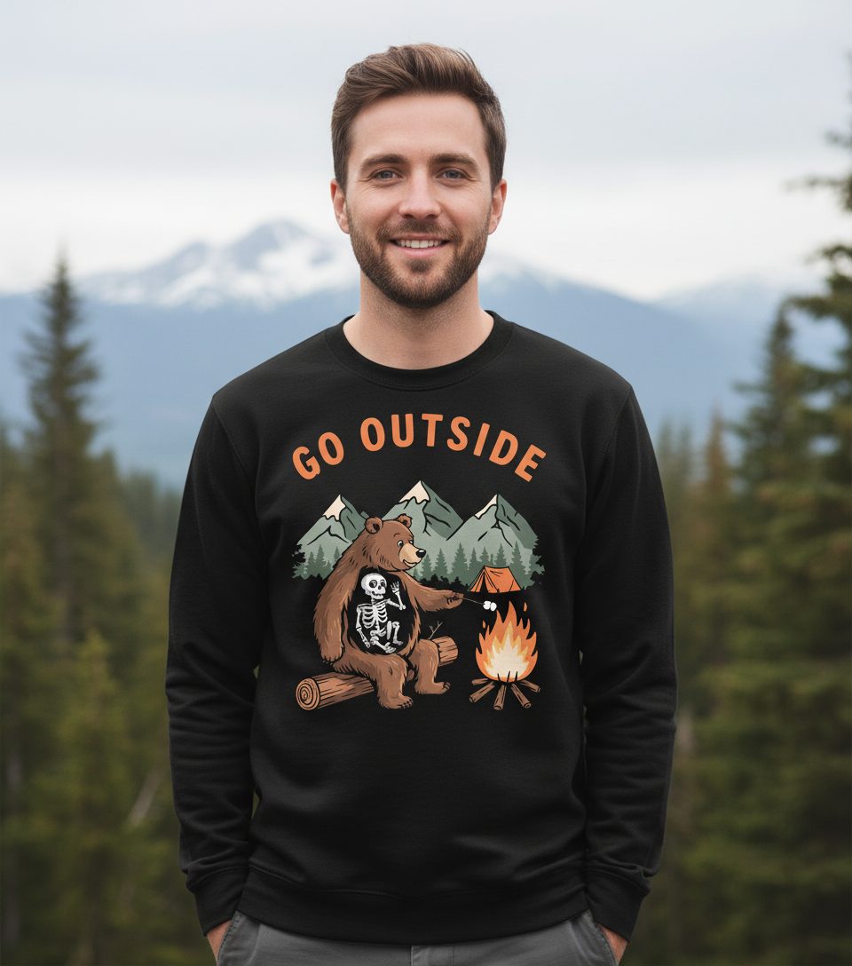 Go Outside funny bear Sweatshirt Black lifestyle mockup