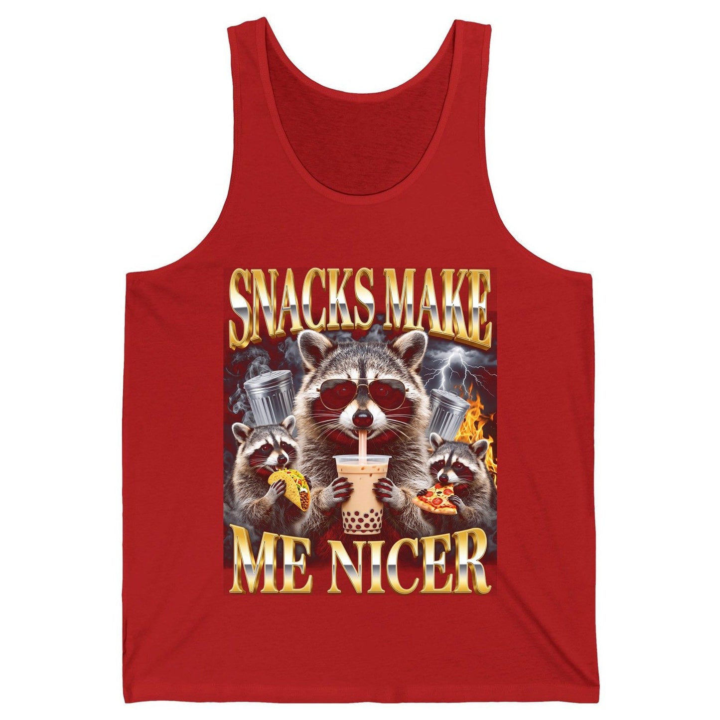 SNACKS MAKE ME NICER Funny Raccoon Tank Top - product mockup - Red