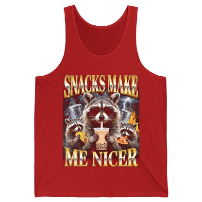 SNACKS MAKE ME NICER Funny Raccoon Tank Top - product mockup - Red