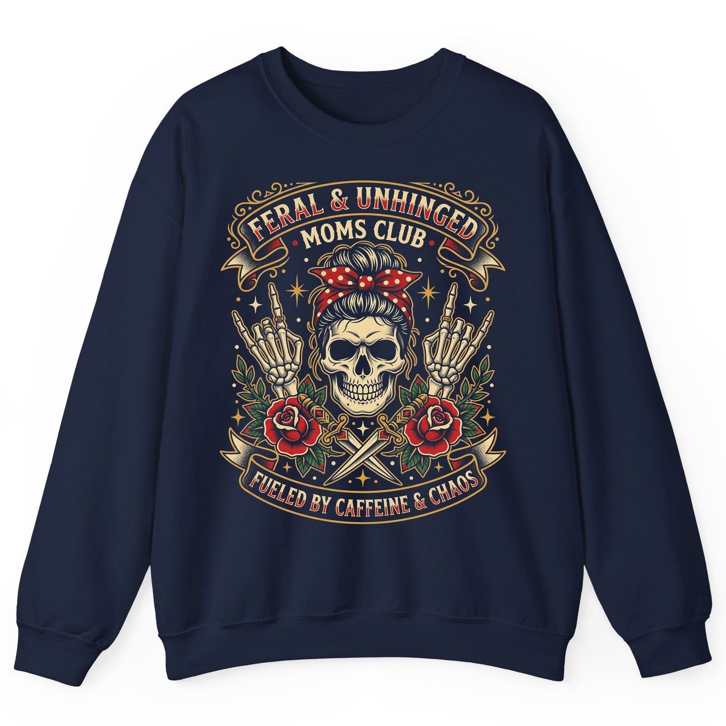 Feral & Unhinged Moms Club Fueled by Caffeine & Chaos Sweatshirt - product mockup - Navy