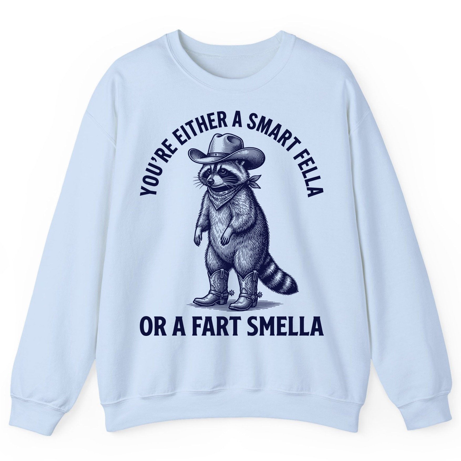 You're Either a Smart Fella or a Fart Smella cowboy raccoon Sweatshirt Light Blue product mockup