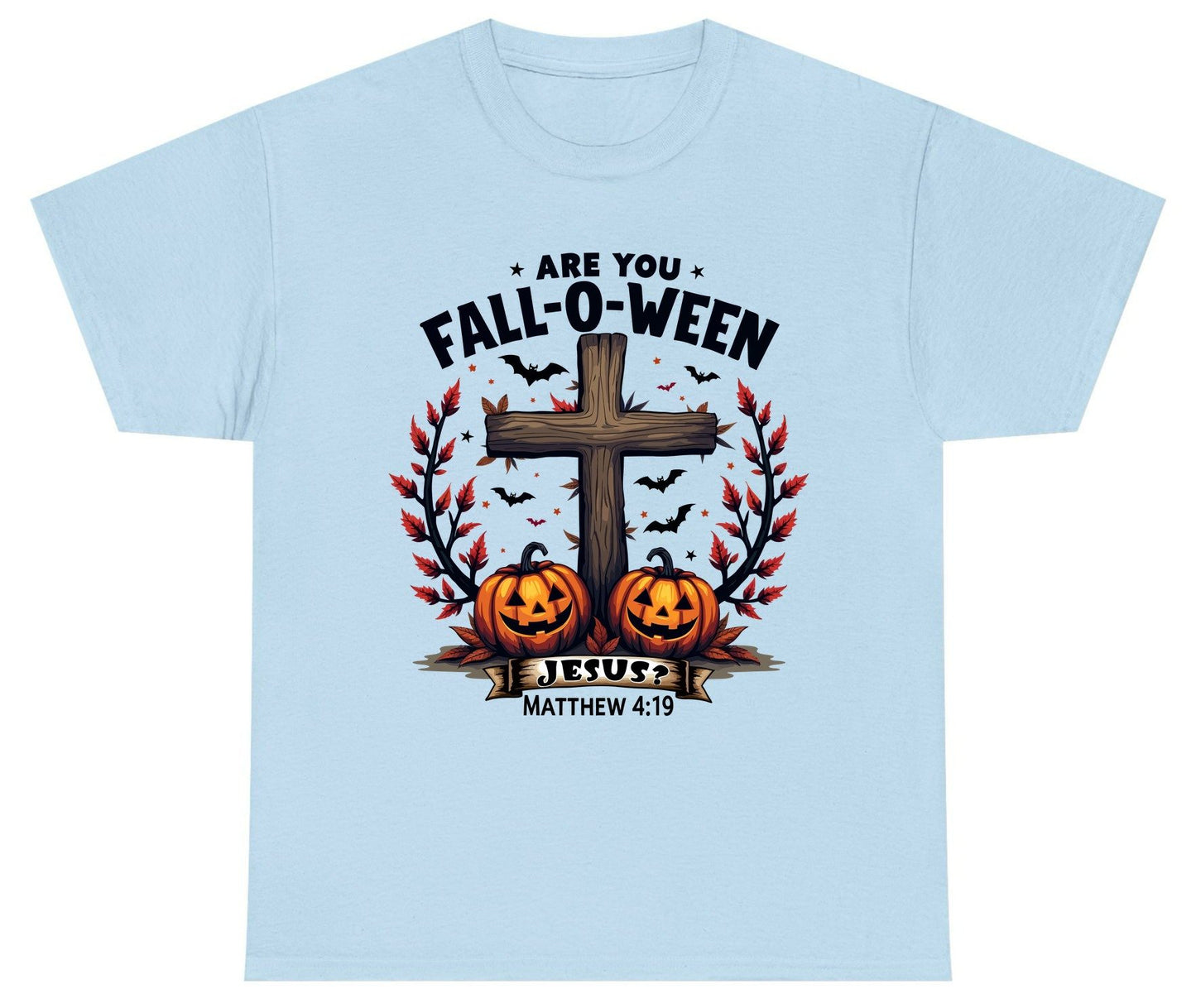 Are You Fall-O-Ween Jesus? christian Halloween Youth T-Shirt Light Blue product mockup