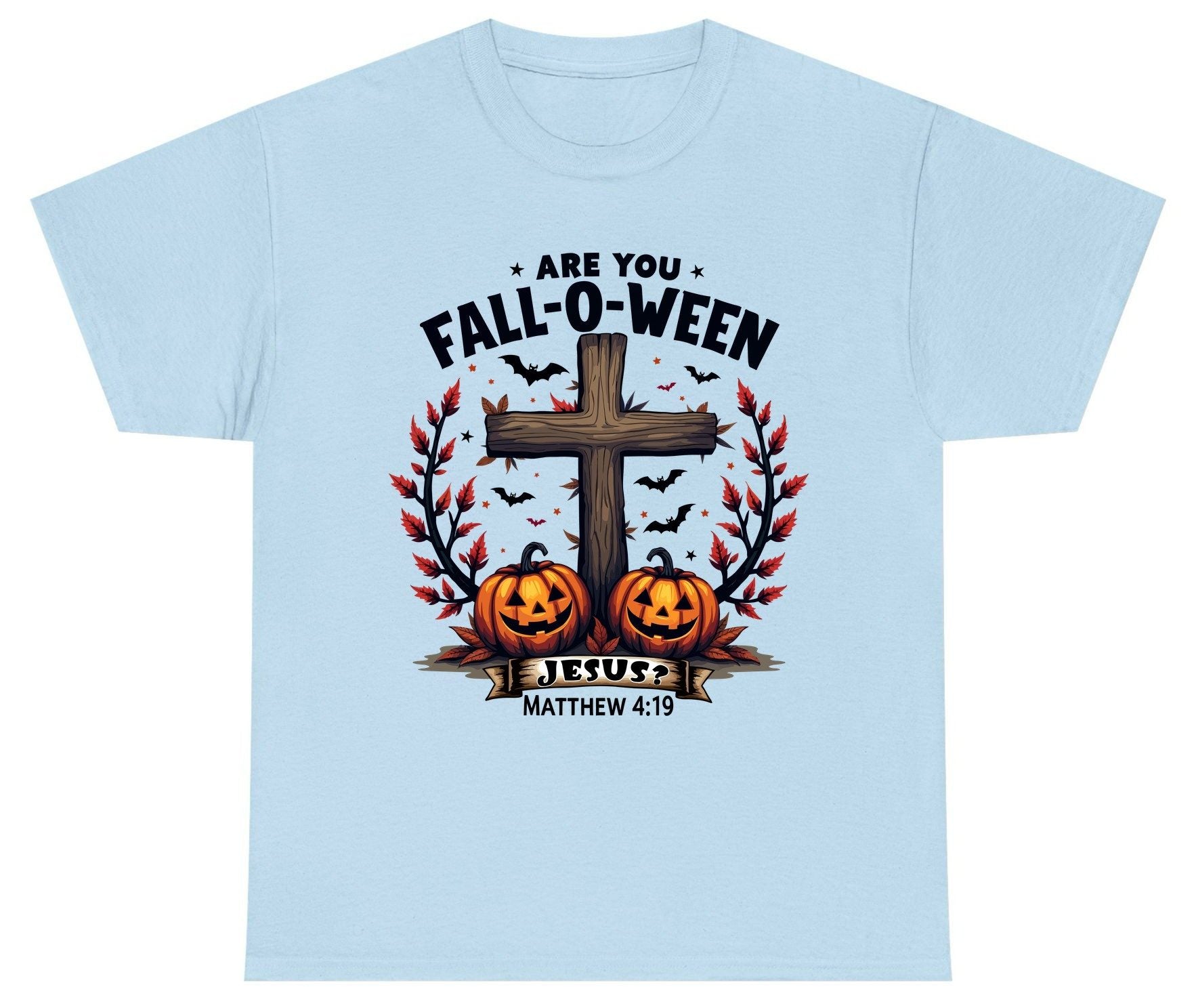Are You Fall-O-Ween Jesus? christian Halloween Youth T-Shirt Light Blue product mockup