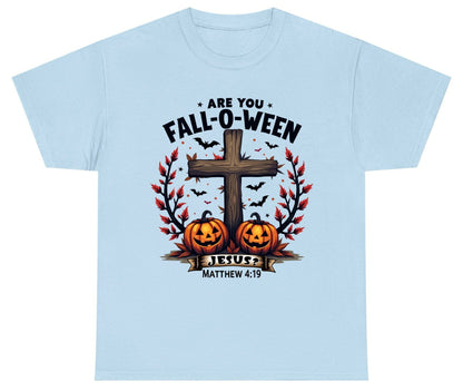 Are You Fall-O-Ween Jesus? christian Halloween Youth T-Shirt Light Blue product mockup
