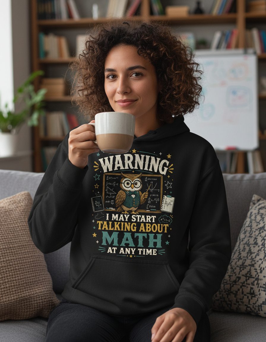 Warning I May Start Talking About Math at Any Time Funny Teachers Hoodie - lifestyle model mockup - Black