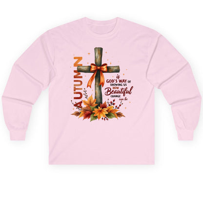 Autumn Is God's Way of Showing US How Beautiful Change Can Be christian autumn Long Sleeve Tee Light Pink product mockup