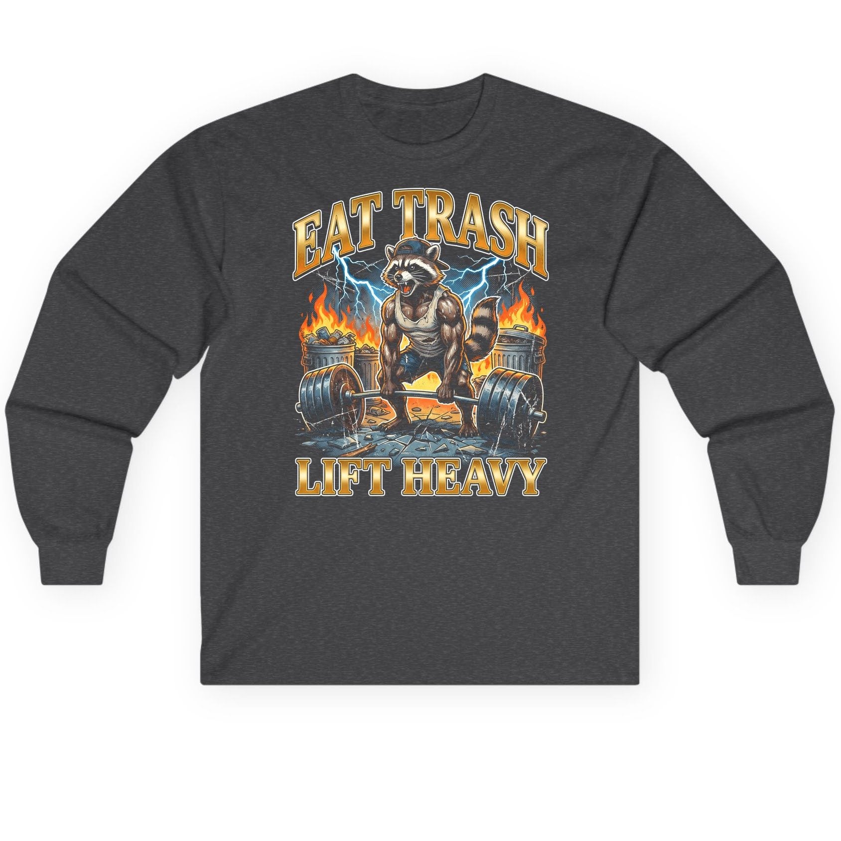 Eat Trash Lift Heavy raccoon Long Sleeve Tee Dark Heather product mockup
