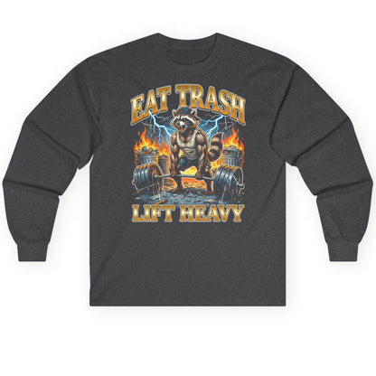 Eat Trash Lift Heavy raccoon Long Sleeve Tee Dark Heather product mockup