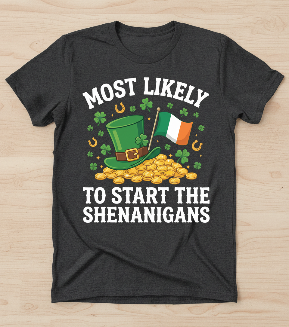 Most Likely To Start The Shenanigans St. Patrick's Day Design T-Shirt - Dark Heather