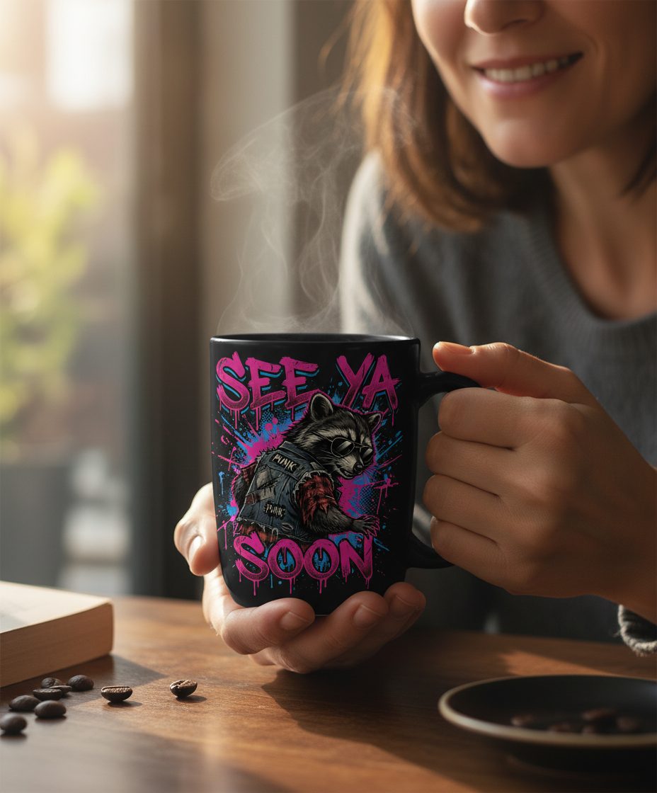 See Ya Soon Raccoon Black Mug - lifestyle model mockup - Black