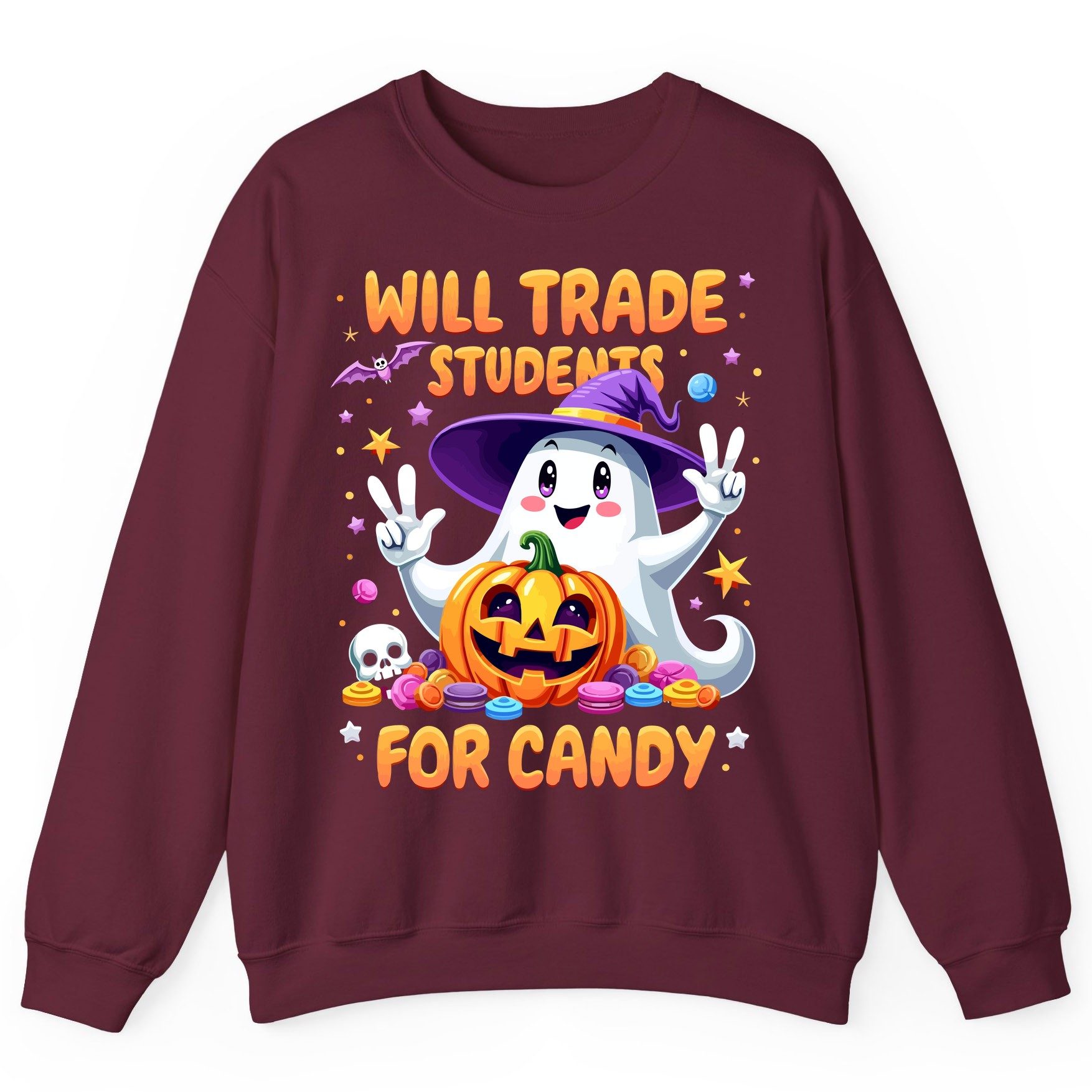 Will Trade Students for Candy teacher Halloween Sweatshirt Maroon product mockup