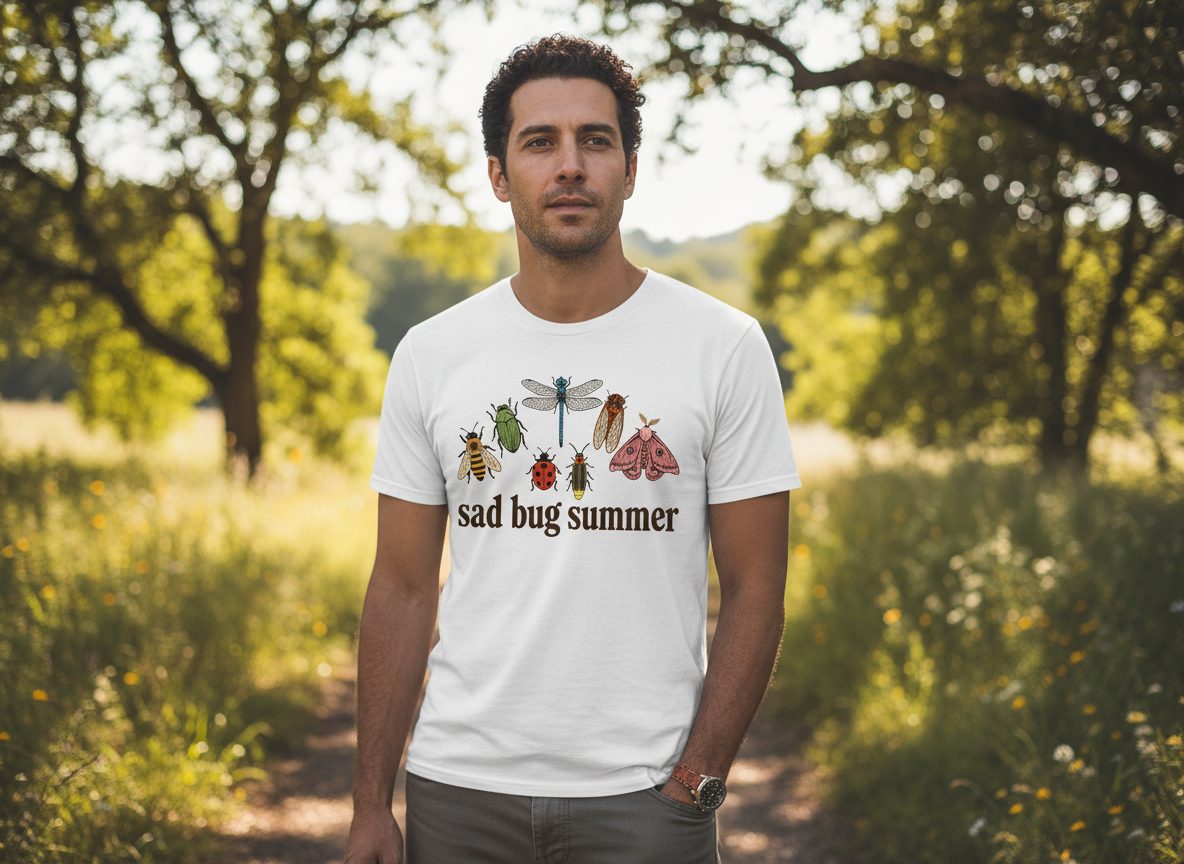 Sad Bug Summer Retro Enthusiasts T-Shirt - lifestyle model mockup - White