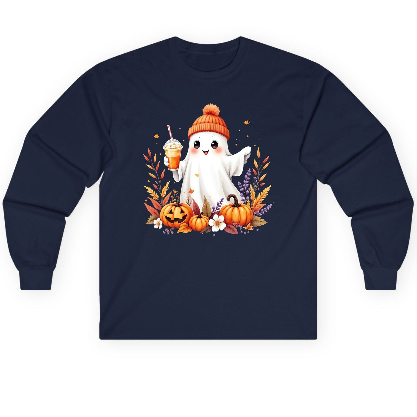 Cute Ghost Pumpkin Spice Latte cute Halloween ghost Long Sleeve Tee Navy product mockup