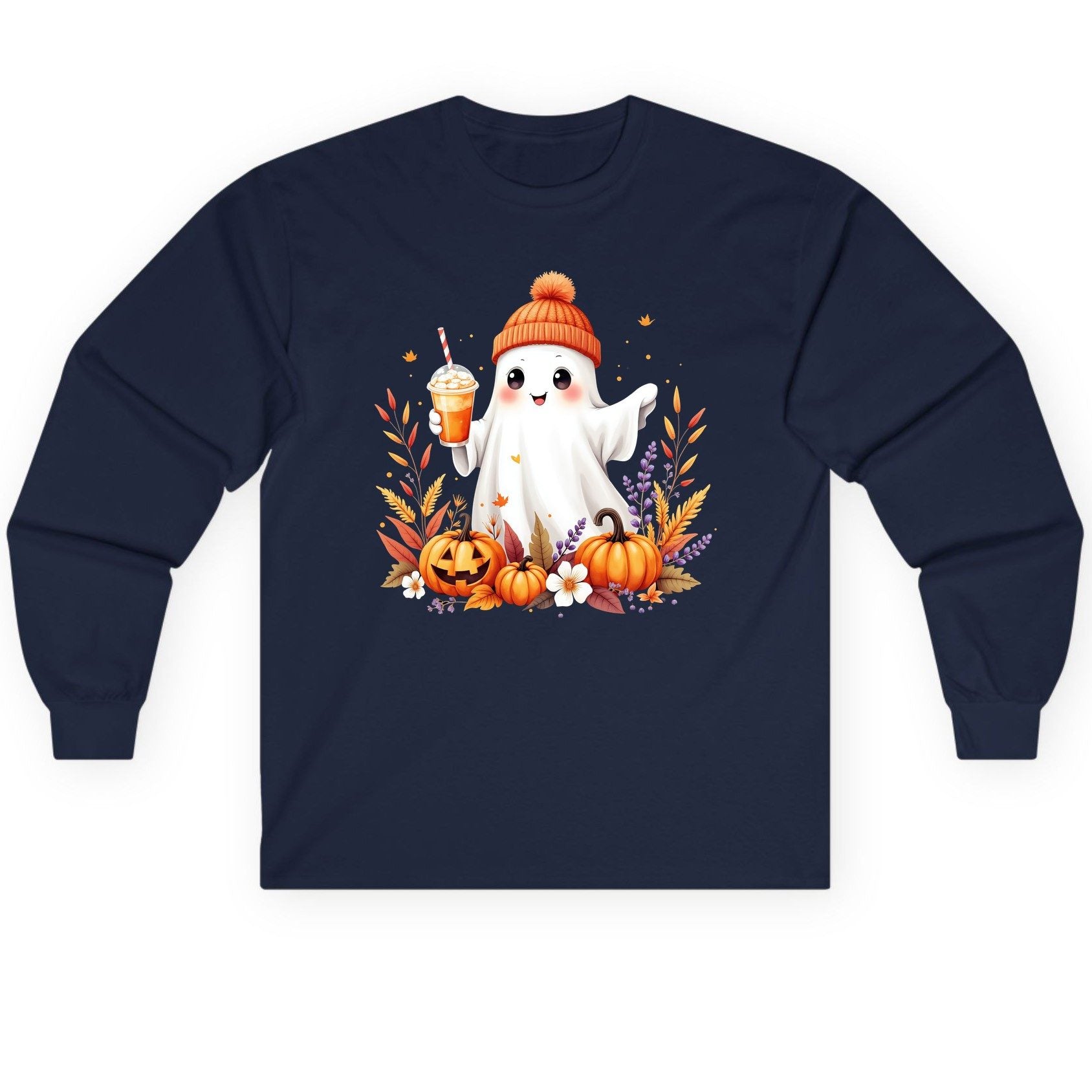 Cute Ghost Pumpkin Spice Latte cute Halloween ghost Long Sleeve Tee Navy product mockup