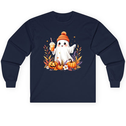 Cute Ghost Pumpkin Spice Latte cute Halloween ghost Long Sleeve Tee Navy product mockup