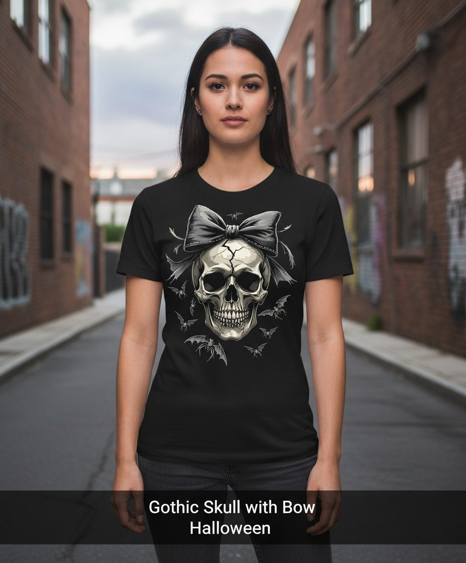 Gothic Skull with Bow gothic skull T-Shirt Black lifestyle mockup