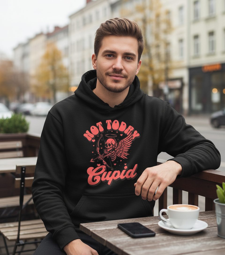 Not Today Cupid skeletal cupid Hoodie Black lifestyle mockup