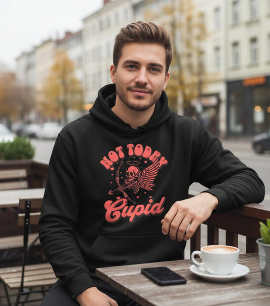 Not Today Cupid skeletal cupid Hoodie Black lifestyle mockup