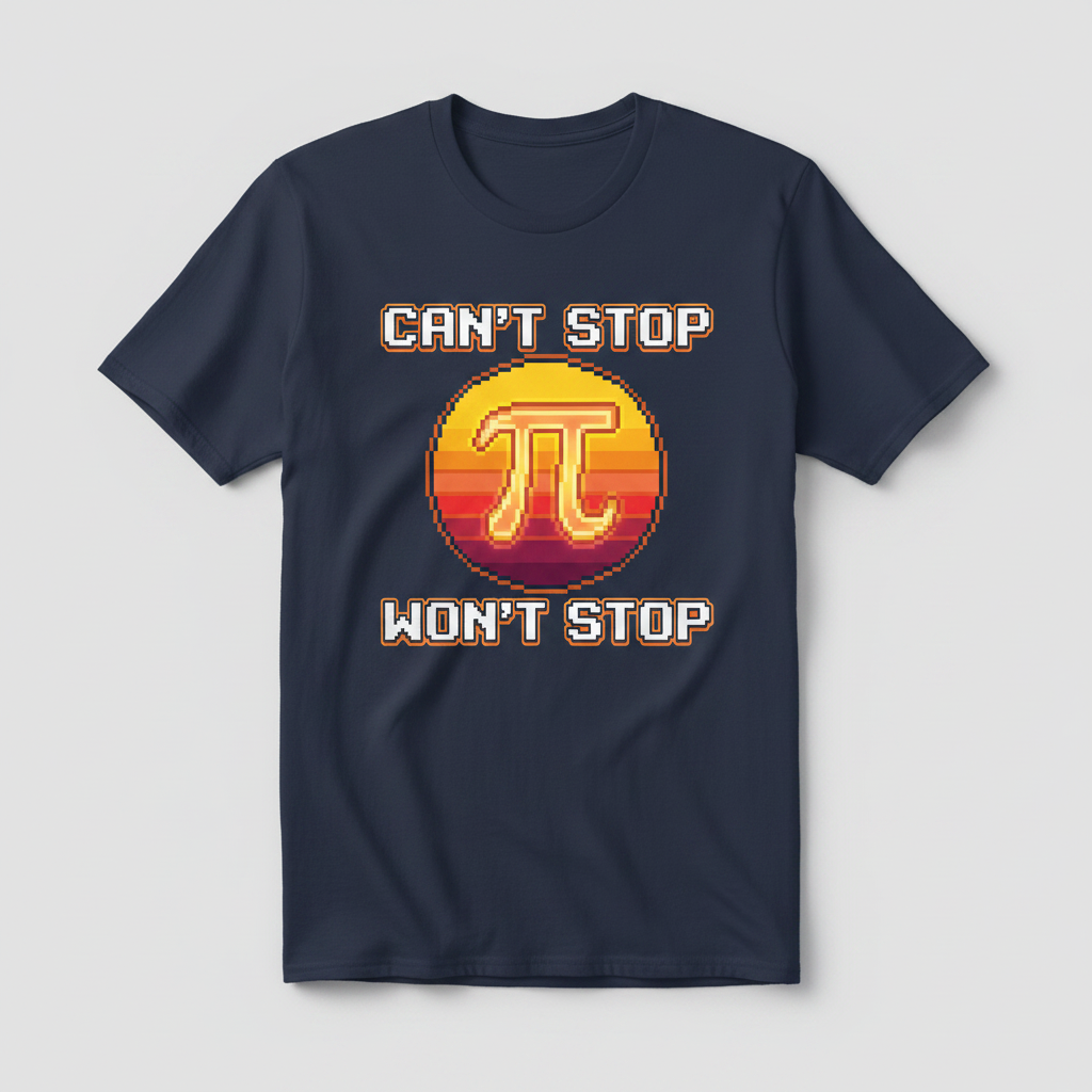 Can't Stop Won't Stop Pi Symbol Retro 8-Bit Math Pun T-Shirt - Navy