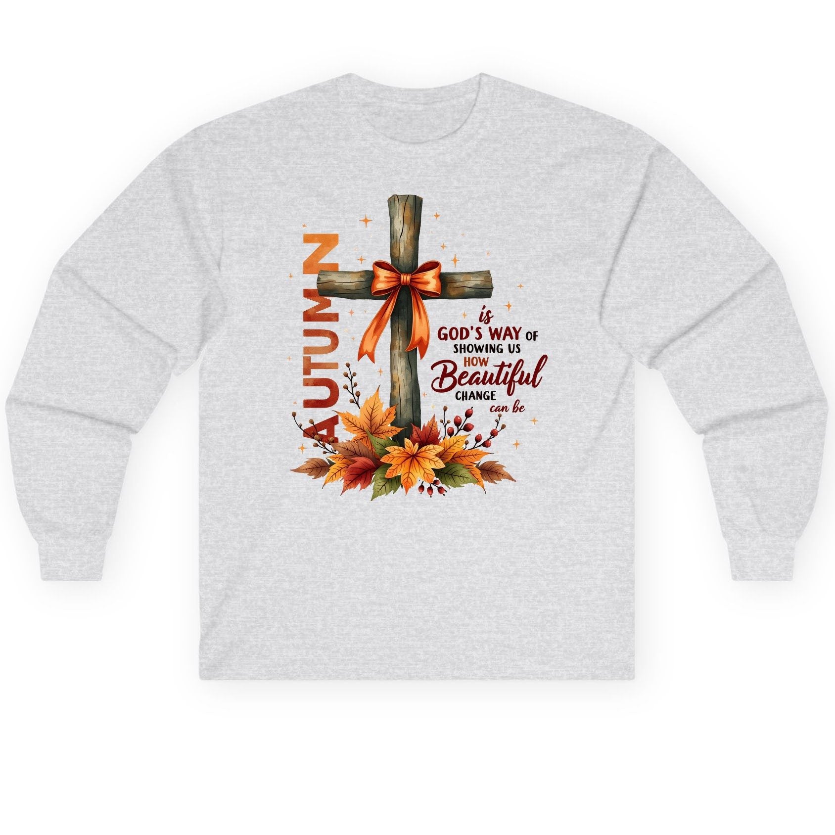 Autumn Is God's Way of Showing US How Beautiful Change Can Be christian autumn Long Sleeve Tee Ash product mockup