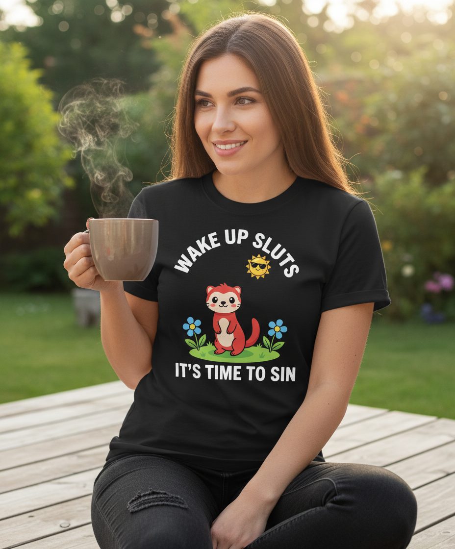 WAKE UP SLUTS IT'S TIME TO SIN Funny Ferret T-Shirt - lifestyle model mockup - Black