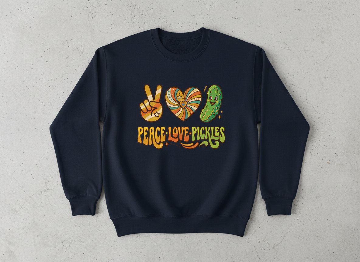 Peace Love Pickles Retro 70s Hippie Design Sweatshirt - Navy