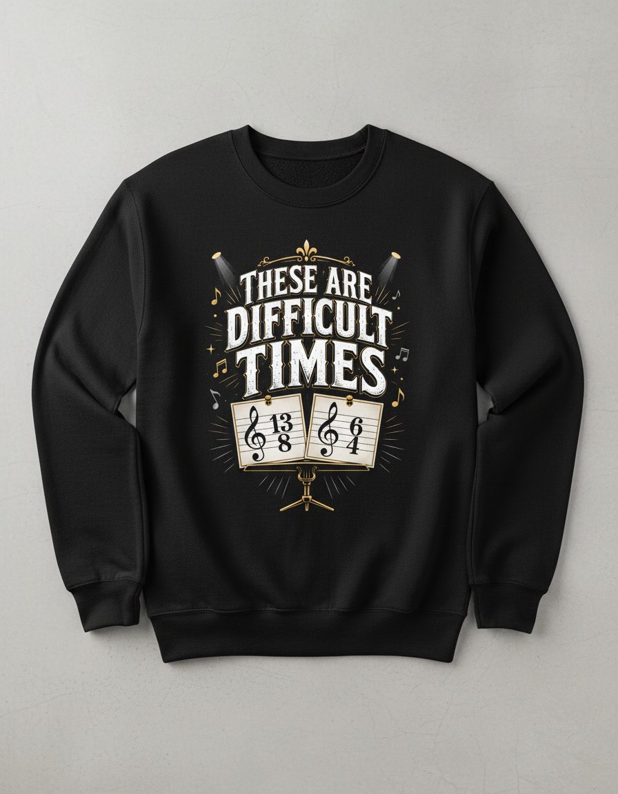 THESE ARE Difficult TIMES Funny Music Humor Sweatshirt - product mockup - Black