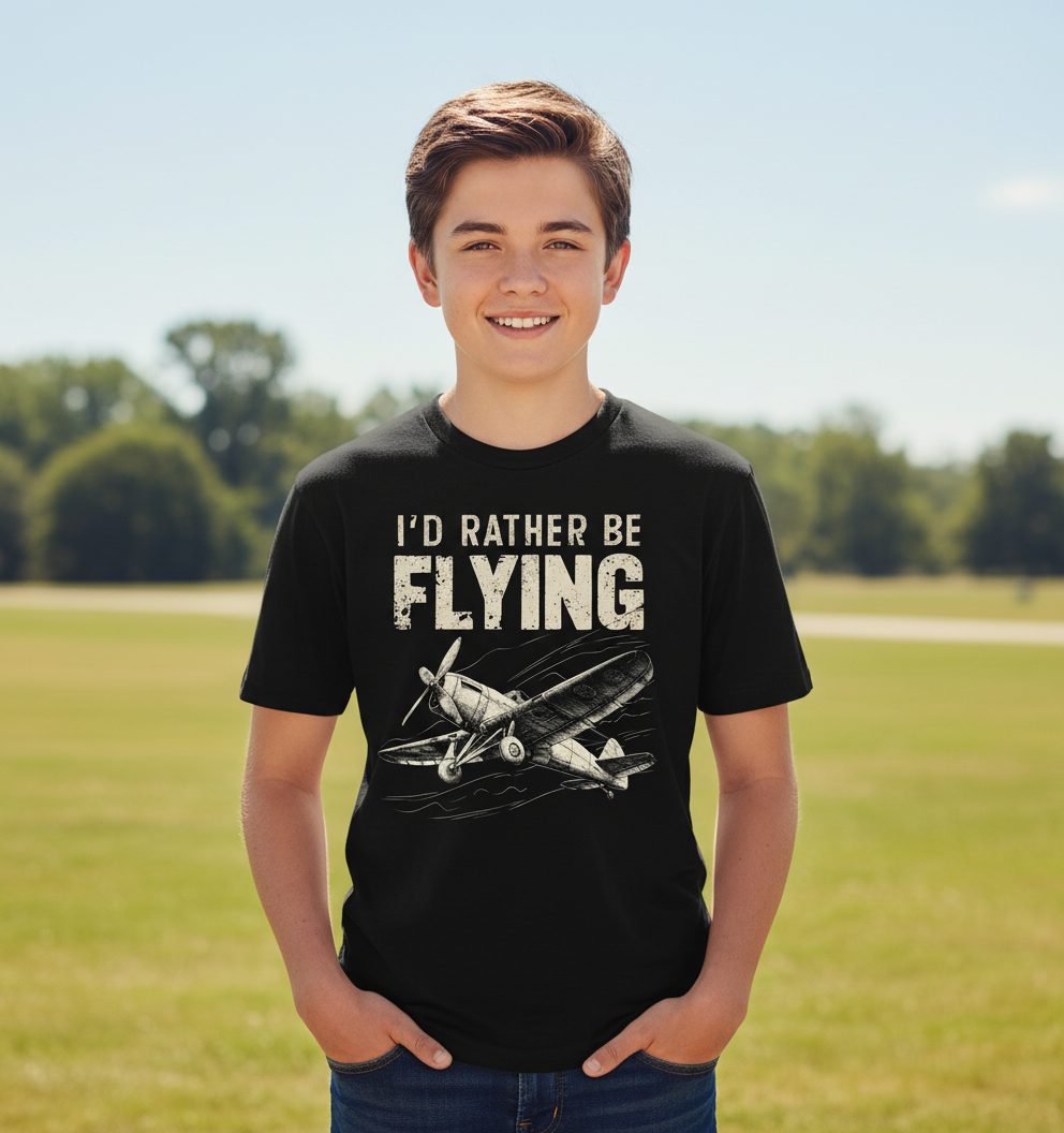 I'd Rather Be Flying vintage propeller plane Youth T-Shirt Black lifestyle mockup