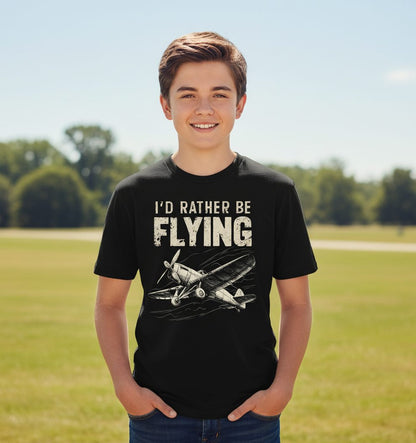 I'd Rather Be Flying vintage propeller plane Youth T-Shirt Black lifestyle mockup