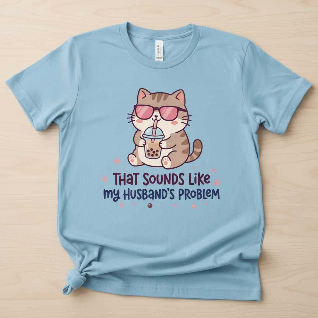 That Sounds Like My Husband's Problem Cat with Boba Tea T-Shirt - Light Blue