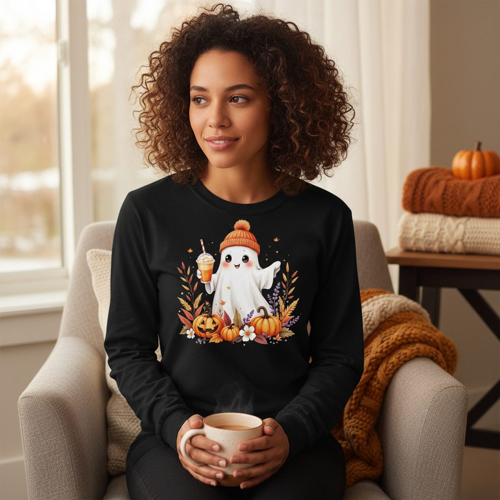 Cute Ghost Pumpkin Spice Latte cute Halloween ghost Long Sleeve Tee Black lifestyle mockup