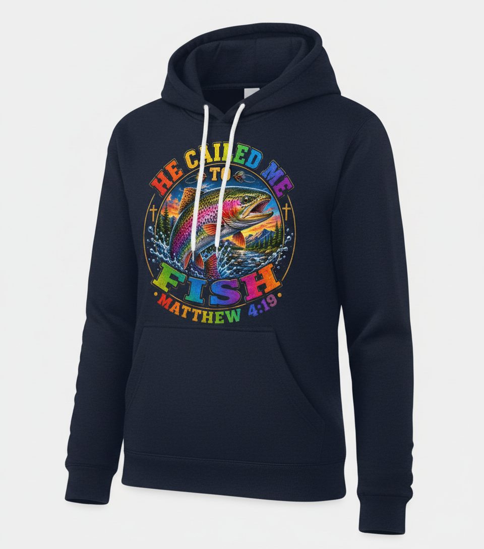HE CALLED ME TO FISH Matthew 4 19 Christian Fishing Hoodie - product mockup - Navy