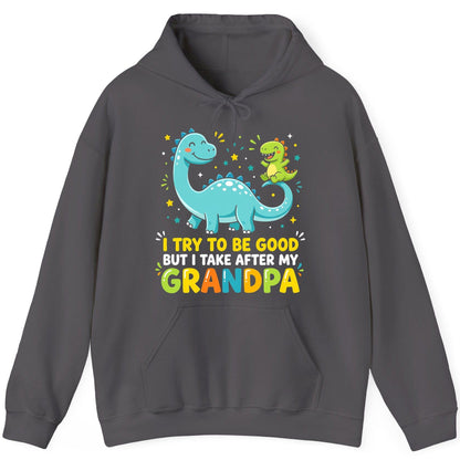 I TRY TO BE GOOD BUT I TAKE AFTER MY Grandpa Funny Dinosaur Hoodie - product mockup - Charcoal